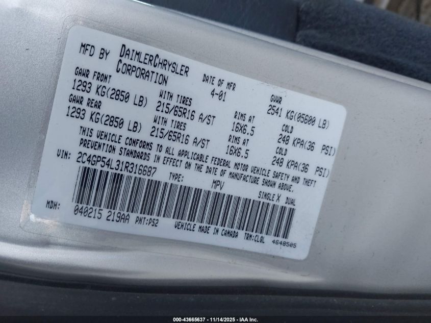 2001 Chrysler Town & Country Lxi VIN: 2C4GP54L31R316687 Lot: 43665637