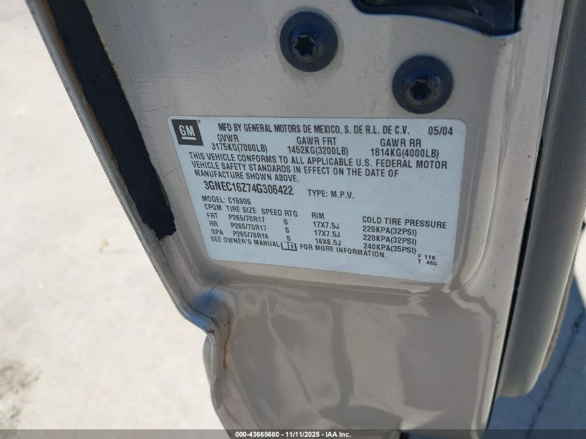 2004 Chevrolet Suburban 1500 Lt VIN: 3GNEC16Z74G306422 Lot: 43665680