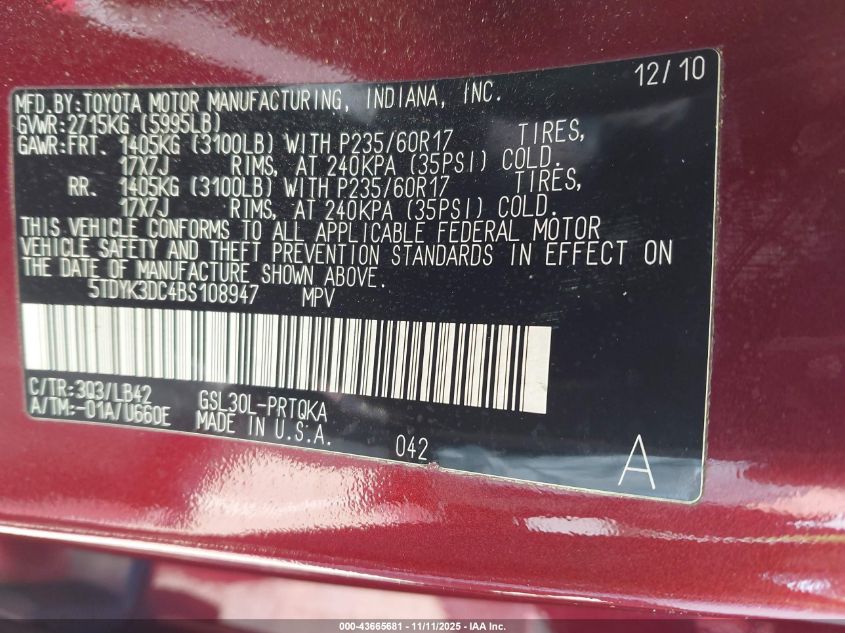 2011 Toyota Sienna Xle V6 VIN: 5TDYK3DC4BS108947 Lot: 43665681