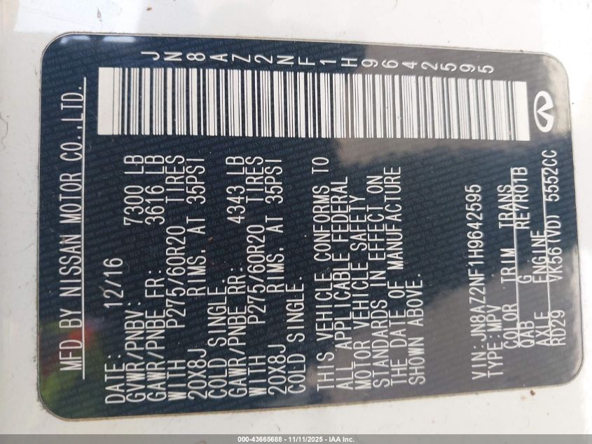 2017 Infiniti Qx80 VIN: JN8AZ2NF1H9642595 Lot: 43665688