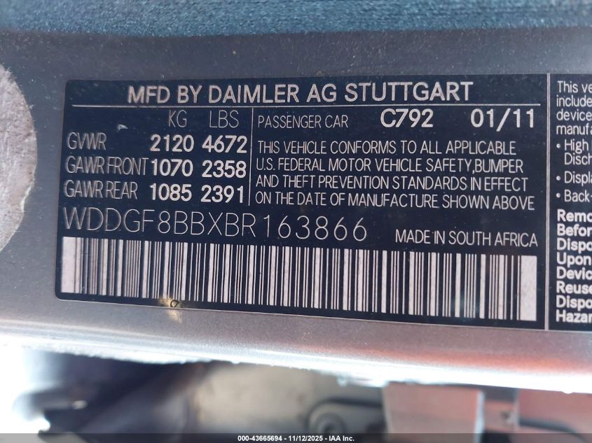 2011 Mercedes-Benz C 300 Sport 4Matic VIN: WDDGF8BBXBR163866 Lot: 43665694