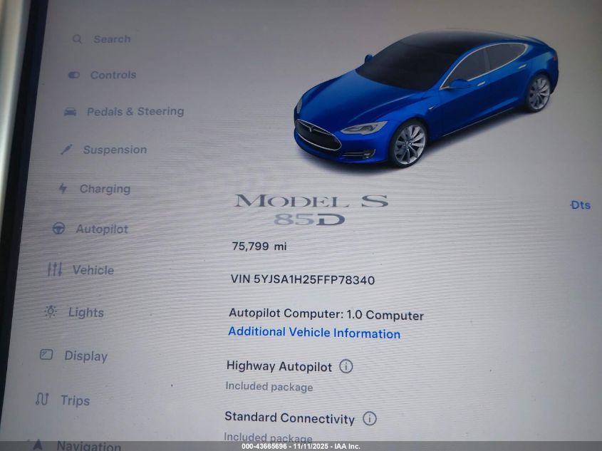 2015 Tesla Model S 70D/85D/P85D VIN: 5YJSA1H25FFP78340 Lot: 43665696