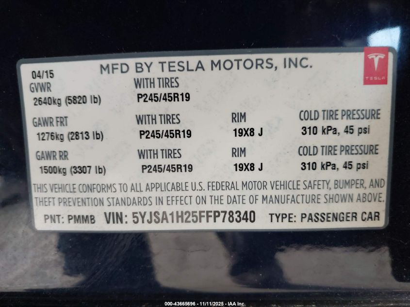 2015 Tesla Model S 70D/85D/P85D VIN: 5YJSA1H25FFP78340 Lot: 43665696