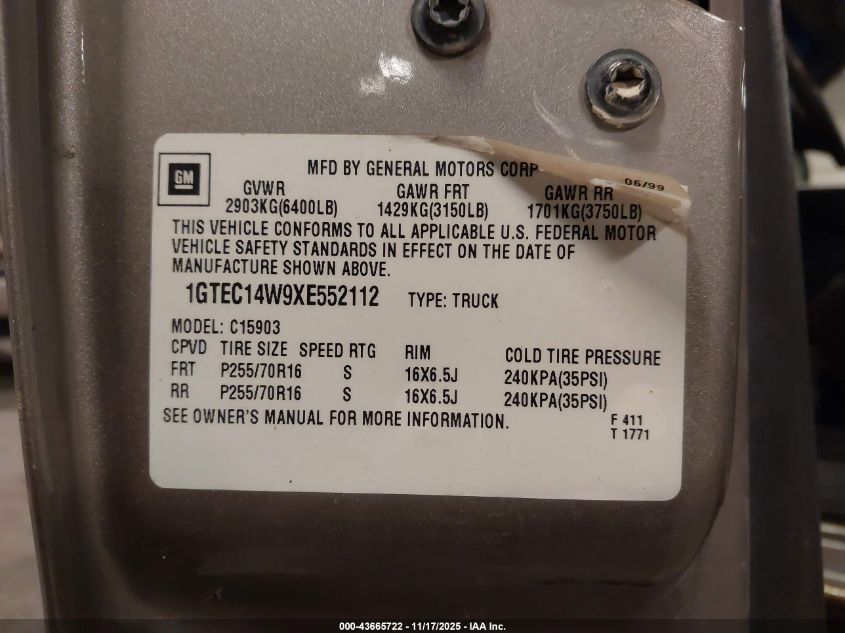1999 GMC Sierra 1500 Sl VIN: 1GTEC14W9XE552112 Lot: 43665722