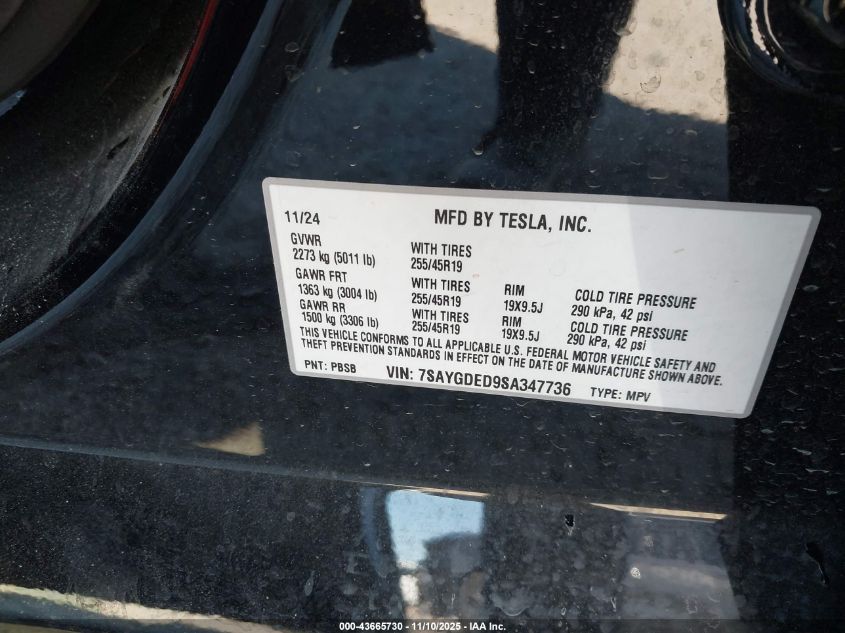 2025 Tesla Model Y Long Range Dual Motor Rear-Wheel Drive VIN: 7SAYGDED9SA347736 Lot: 43665730