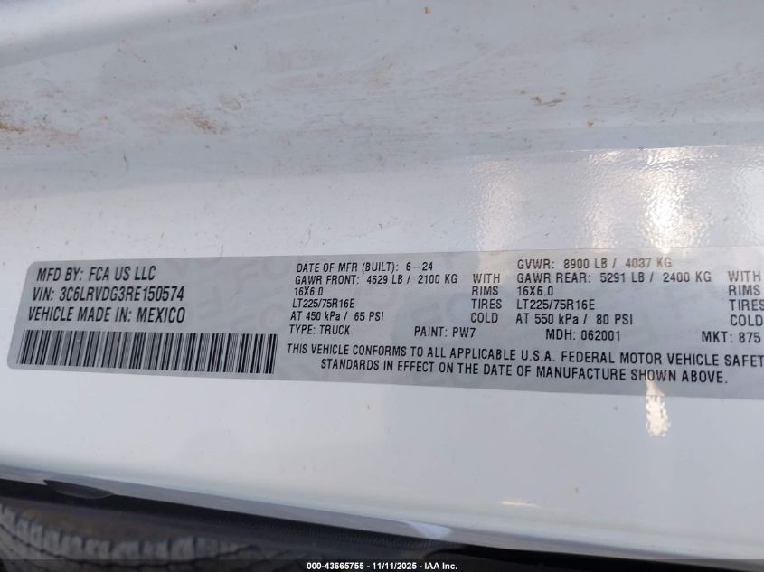 2024 Ram Promaster 2500 Tradesman High Roof 159 Wb W/Pass Seat VIN: 3C6LRVDG3RE150574 Lot: 43665755