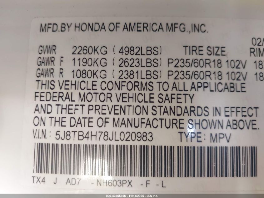 2018 Acura Rdx Advance Package VIN: 5J8TB4H78JL020983 Lot: 43665756