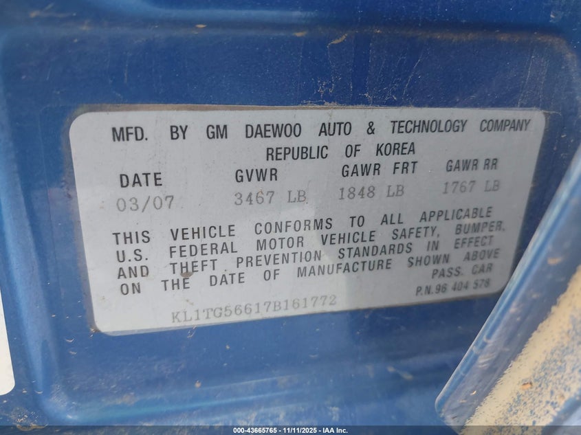 2007 Chevrolet Aveo Lt VIN: KL1TG56617B161772 Lot: 43665765
