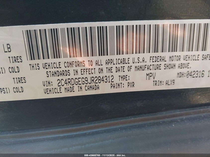 2018 Dodge Grand Caravan Gt VIN: 2C4RDGEG9JR284312 Lot: 43665769