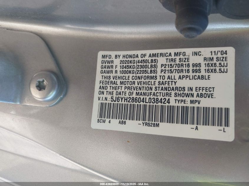 2004 Honda Element Ex VIN: 5J6YH28604L038424 Lot: 43665809