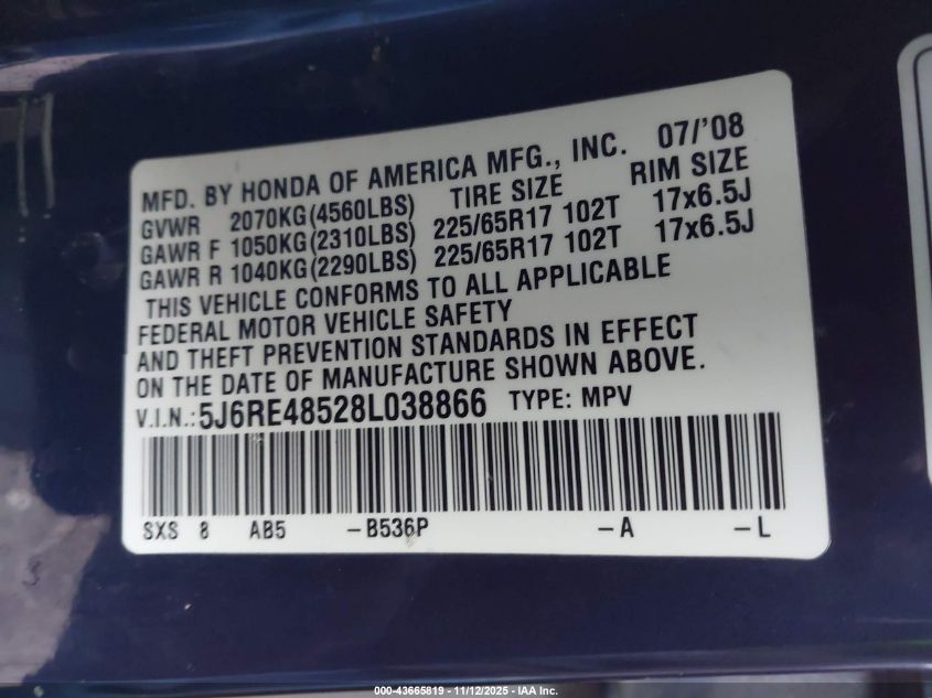 2008 Honda Cr-V Ex VIN: 5J6RE48528L038866 Lot: 43665819