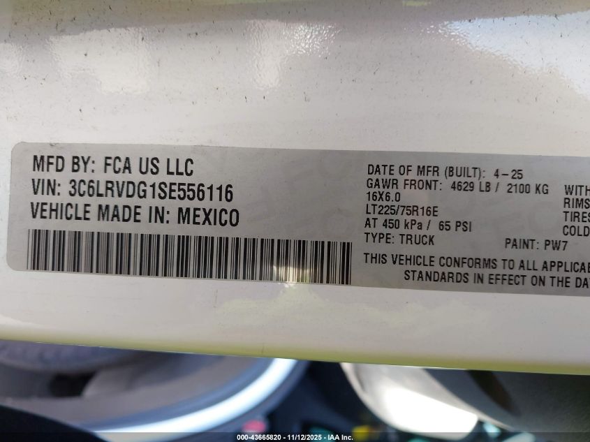 2025 Ram Promaster 2500 Tradesman High Roof 159 Wb W/Pass Seat VIN: 3C6LRVDG1SE556116 Lot: 43665820