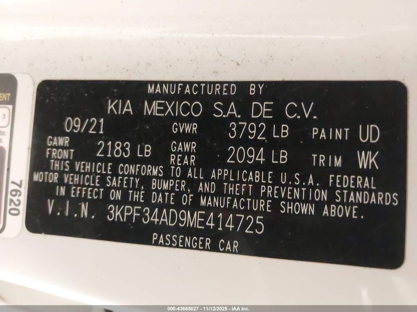 2021 Kia Forte Gt-Line VIN: 3KPF34AD9ME414725 Lot: 43665827