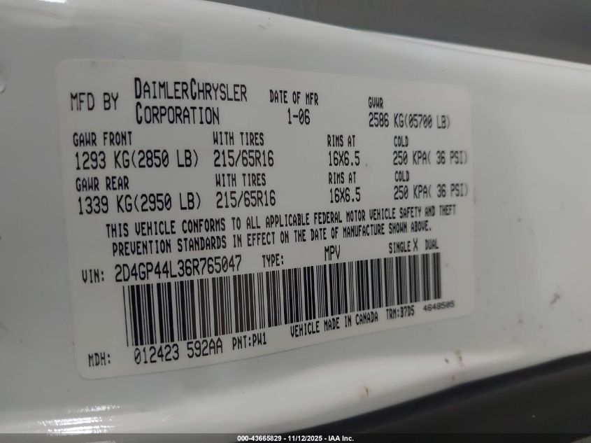 2006 Dodge Grand Caravan Sxt VIN: 2D4GP44L36R765047 Lot: 43665829