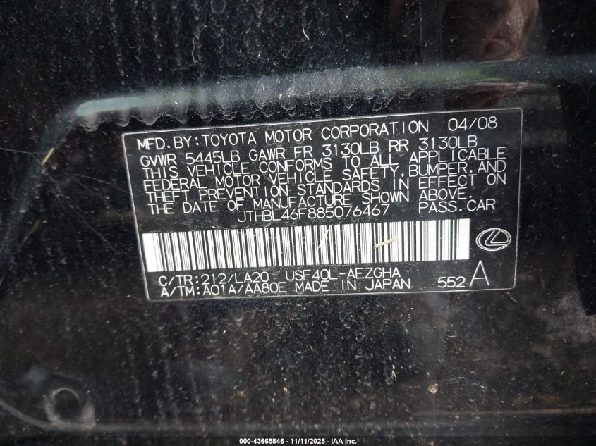 2008 Lexus Ls 460 VIN: JTHBL46F885076467 Lot: 43665846