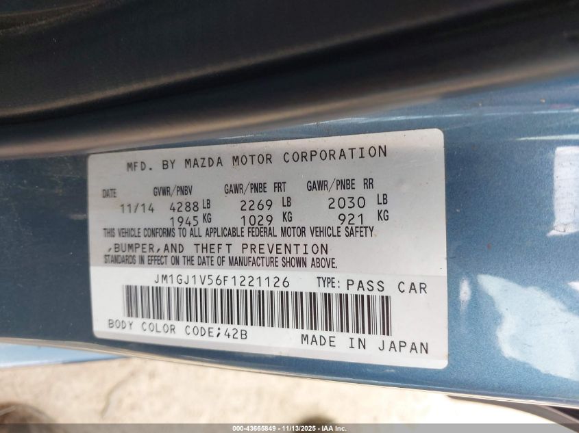 2015 Mazda Mazda6 I Touring VIN: JM1GJ1V56F1221126 Lot: 43665849