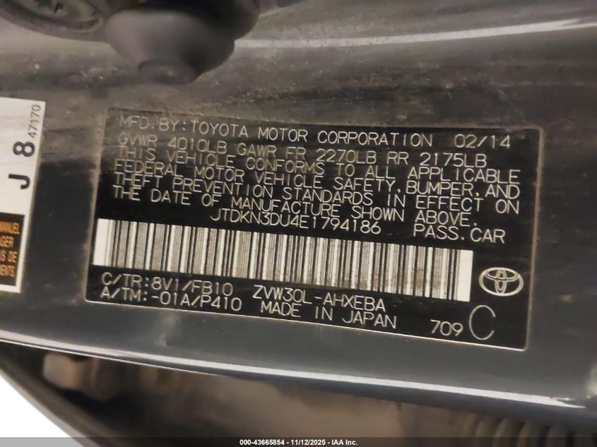 2014 Toyota Prius VIN: JTDKN3DU4E1794186 Lot: 43665854