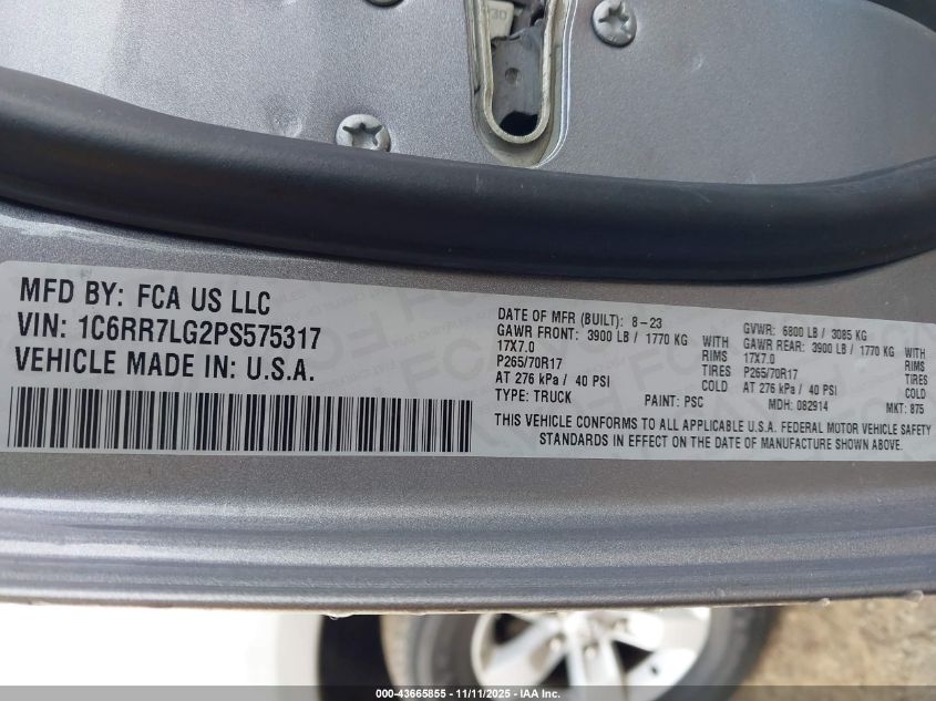 2023 Ram 1500 Classic Slt 4X4 5'7 Box VIN: 1C6RR7LG2PS575317 Lot: 43665855