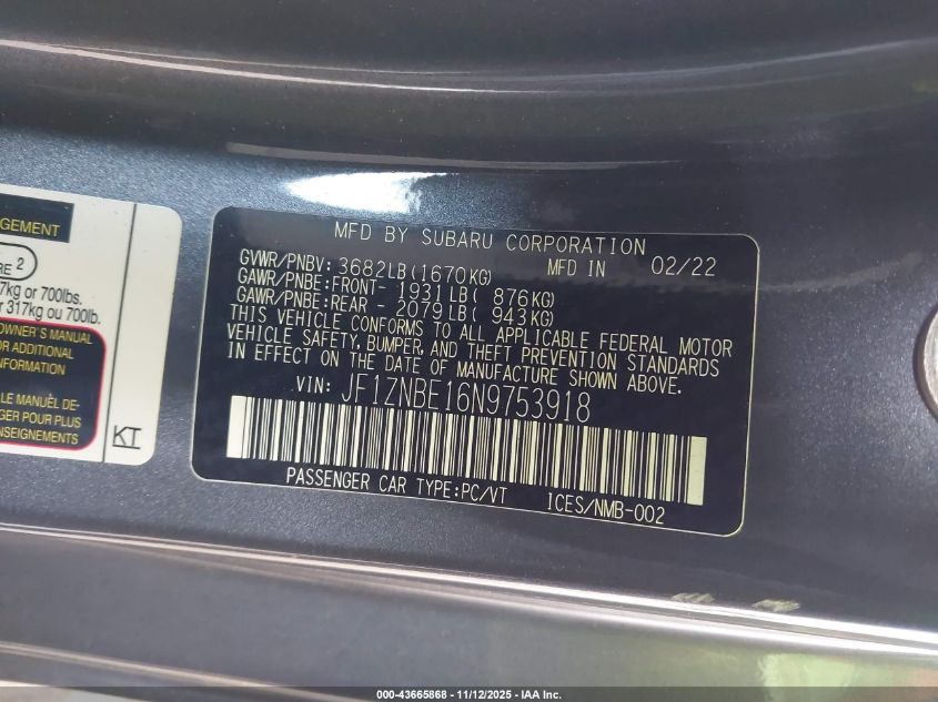 2022 Toyota Gr86 Premium VIN: JF1ZNBE16N9753918 Lot: 43665868