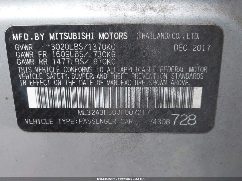 2018 Mitsubishi Mirage Es VIN: ML32A3HJ0JH007217 Lot: 43665873