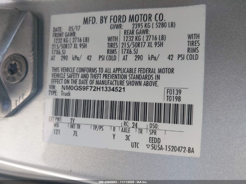 2017 Ford Transit Connect Xlt VIN: NM0GS9F72H1334521 Lot: 43665883