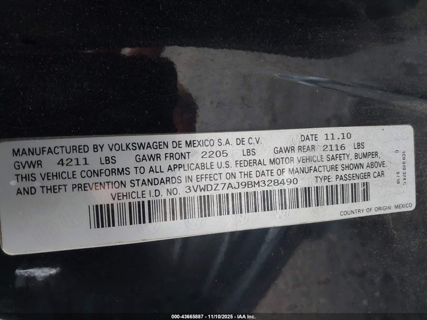 3VWDZ7AJ9BM328490 2011 VOLKSWAGEN JETTA photo no. 9