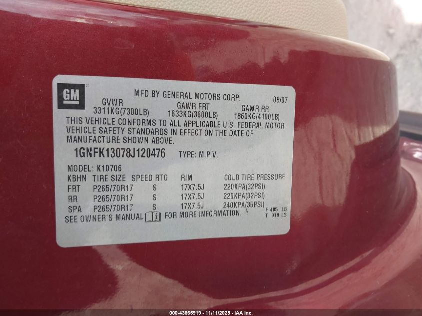 2008 Chevrolet Tahoe Lt VIN: 1GNFK13078J120476 Lot: 43665919