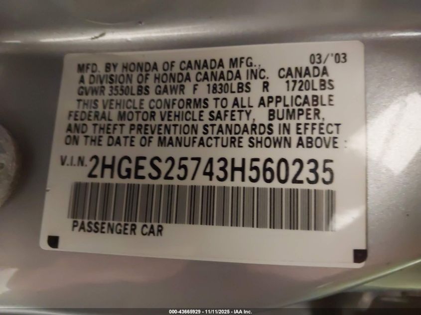 2003 Honda Civic Ex VIN: 2HGES25743H560235 Lot: 43665929