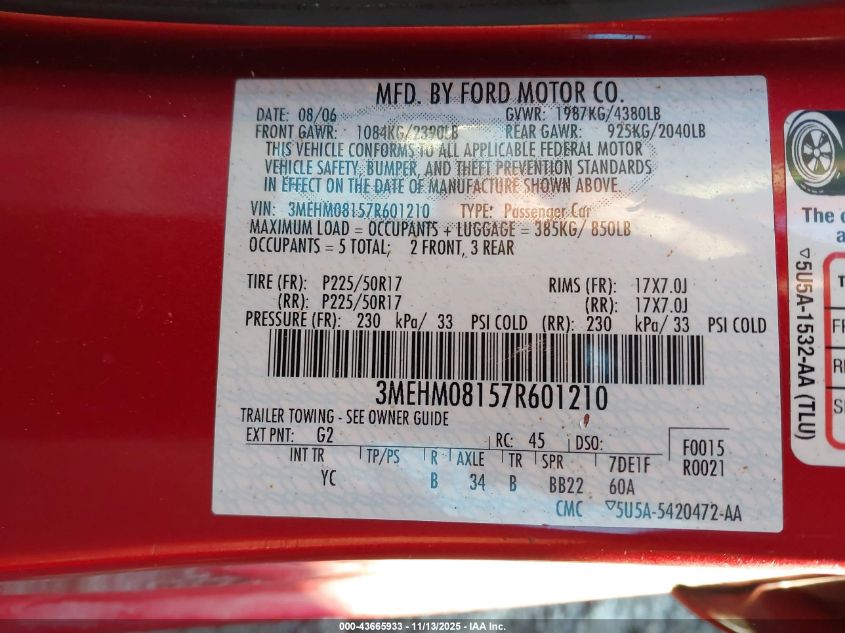 2007 Mercury Milan V6 Premier VIN: 3MEHM08157R601210 Lot: 43665933