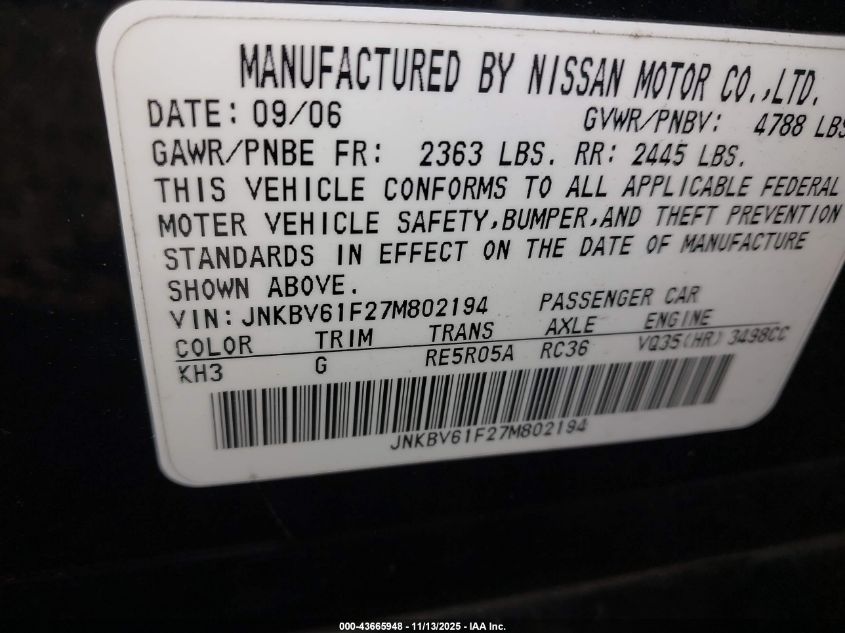 2007 Infiniti G35X VIN: JNKBV61F27M802194 Lot: 43665948