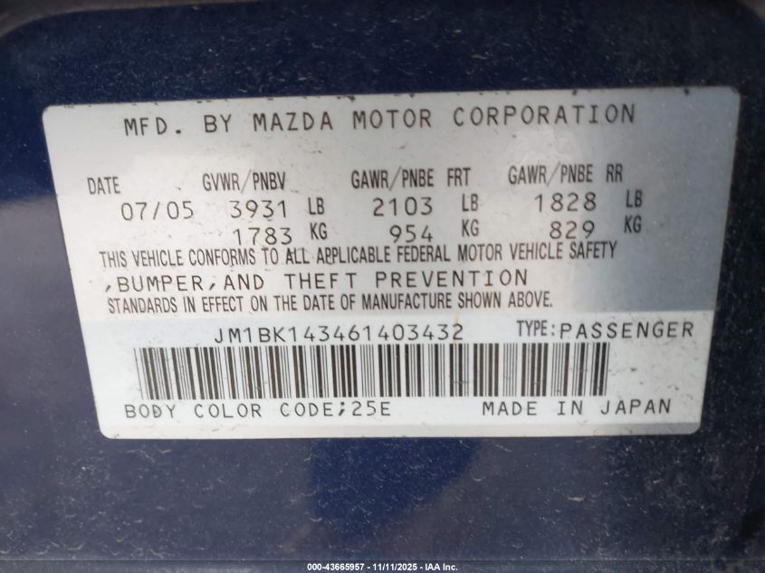 2006 Mazda Mazda3 S VIN: JM1BK143461403432 Lot: 43665957