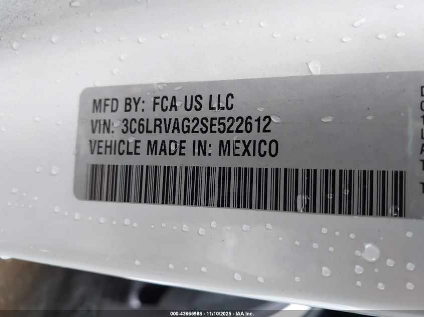 2025 Ram Promaster 1500 Tradesman Low Roof 136 Wb W/Pass Seat VIN: 3C6LRVAG2SE522612 Lot: 43665988