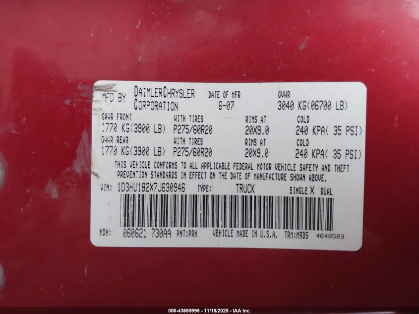 2007 Dodge Ram 1500 Slt/Trx4 Off Road/Sport VIN: 1D3HU182X7J630946 Lot: 43665996