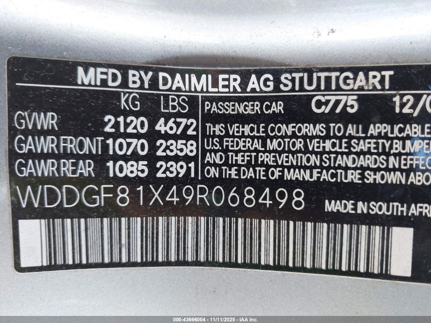 2009 Mercedes-Benz C 300 Luxury 4Matic/Sport 4Matic VIN: WDDGF81X49R068498 Lot: 43666004