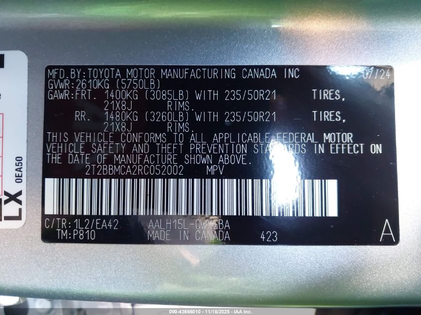 2024 Lexus Rx 350H Premium VIN: 2T2BBMCA2RC052002 Lot: 43666010