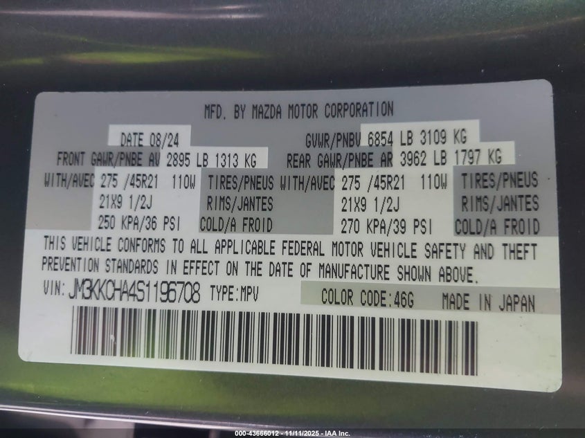 2025 Mazda Cx-90 Phev Premium Sport VIN: JM3KKCHA4S1196708 Lot: 43666012