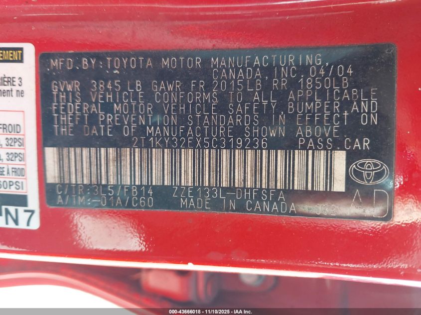 2005 Toyota Matrix Xrs VIN: 2T1KY32EX5C319236 Lot: 43666018