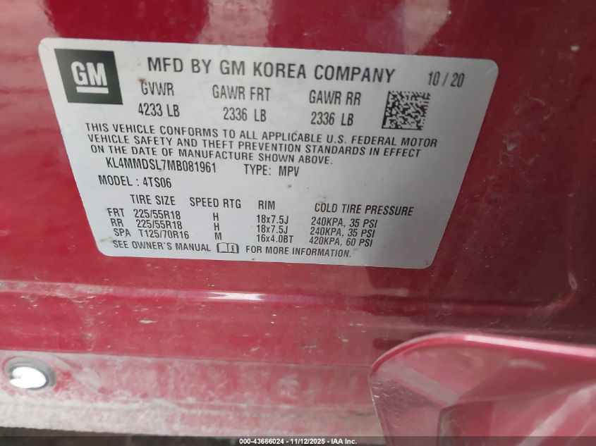 2021 Buick Encore Gx Fwd Select VIN: KL4MMDSL7MB081961 Lot: 43666024