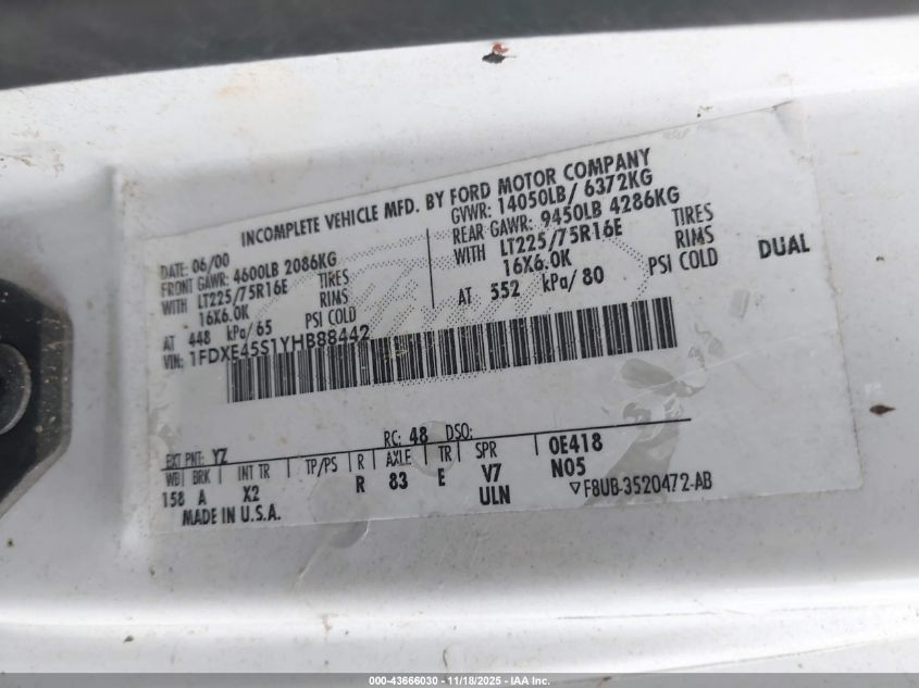 2000 Ford E-450 Cutaway Standard VIN: 1FDXE45S1YHB88442 Lot: 43666030