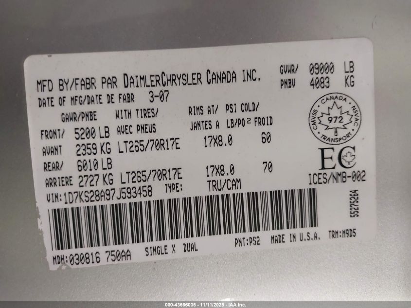 2007 Dodge Ram 2500 Slt/Trx4 Off Road/Sport/Power Wagon VIN: 1D7KS28A97J593458 Lot: 43666036