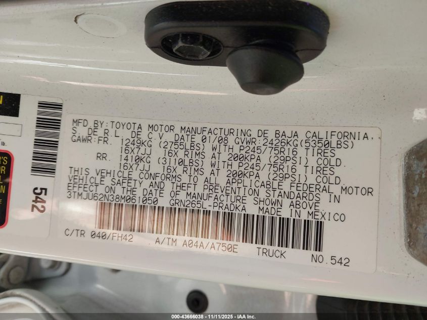 2008 Toyota Tacoma Double Cab Prerunner VIN: 3TMJU62N38M061050 Lot: 43666038