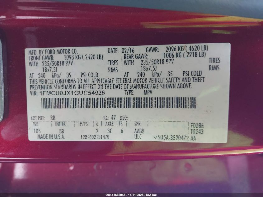 2016 Ford Escape Titanium VIN: 1FMCU0JX1GUC54926 Lot: 43666045