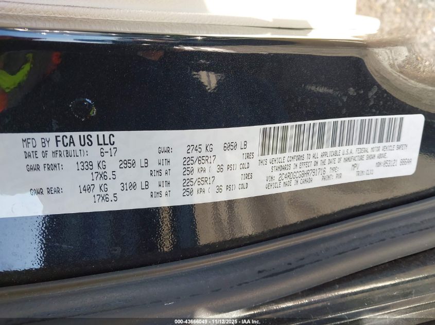 2017 Dodge Grand Caravan Sxt VIN: 2C4RDGCG8HR791716 Lot: 43666049