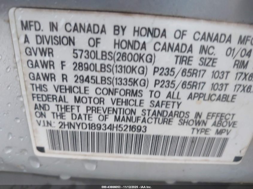 2004 Acura Mdx VIN: 2HNYD18934H521693 Lot: 43666053