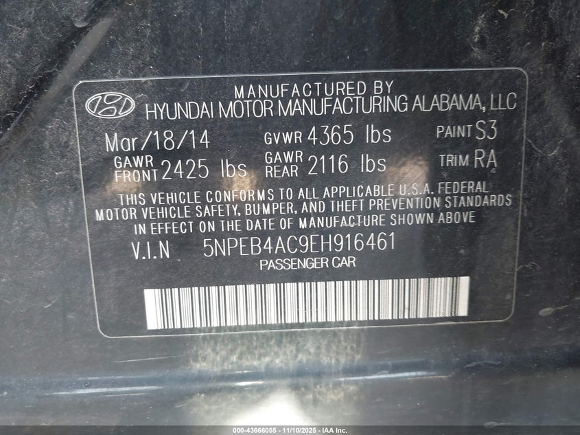 2014 HYUNDAI SONATA GLS 5NPEB4AC9EH916461