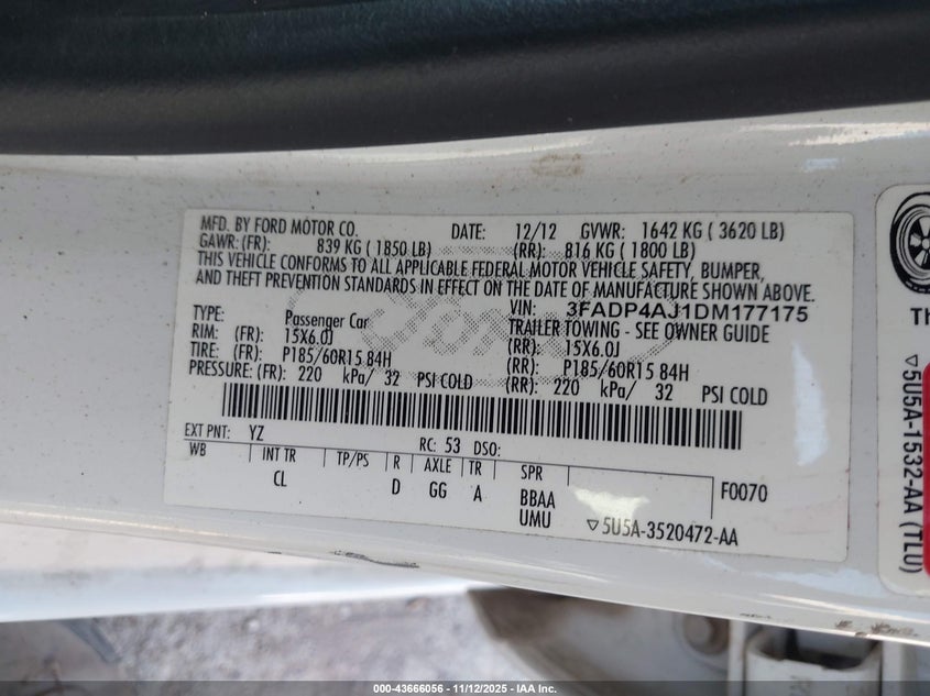 2013 Ford Fiesta S VIN: 3FADP4AJ1DM177175 Lot: 43666056