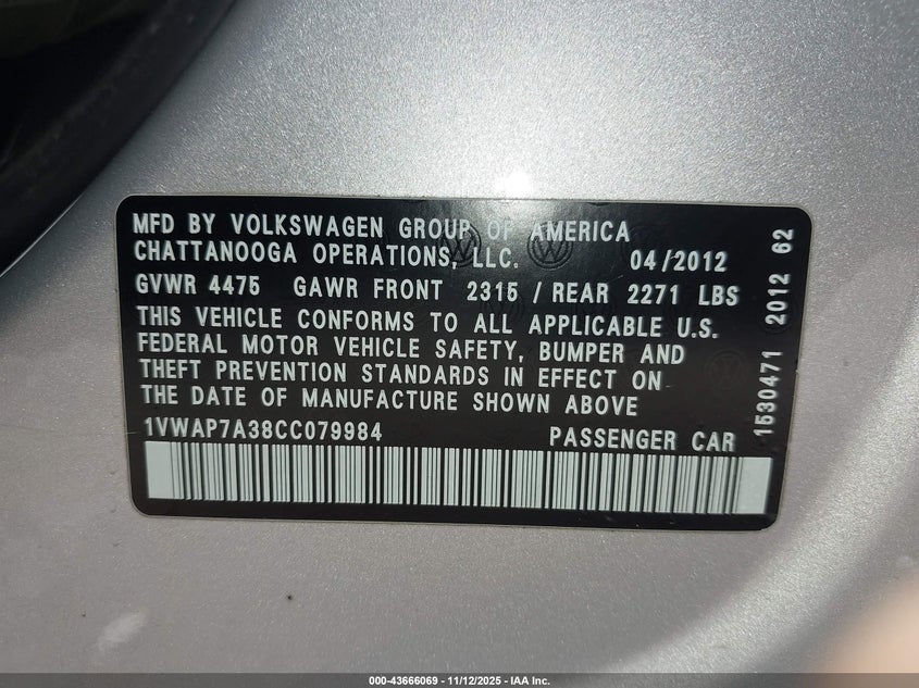 2012 Volkswagen Passat 2.5L S VIN: 1VWAP7A38CC079984 Lot: 43666069
