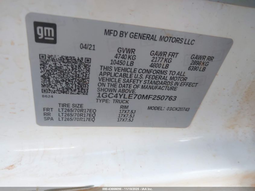 2021 Chevrolet Silverado 2500Hd 4Wd Standard Bed Wt VIN: 1GC4YLE70MF250763 Lot: 43666098