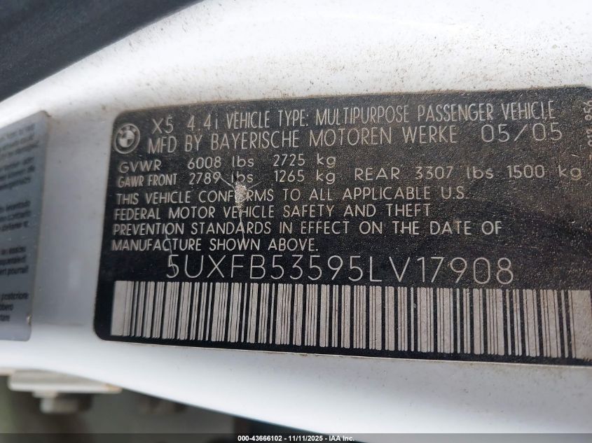 2005 BMW X5 4.4I VIN: 5UXFB53595LV17908 Lot: 43666102