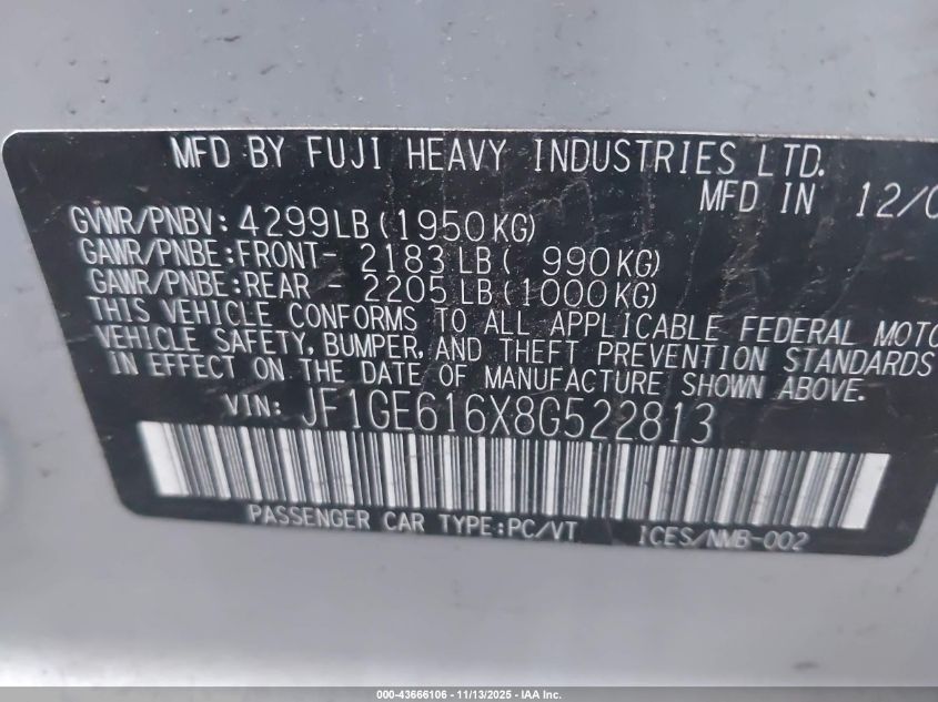 2008 Subaru Impreza 2.5I VIN: JF1GE616X8G522813 Lot: 43666106